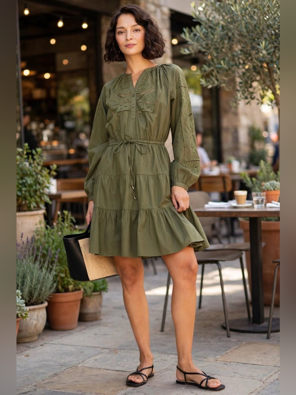 Lauren Ralph Lauren Olive Green Tiered Long-Sleeve Dress - Casual V-Neck Sz 8